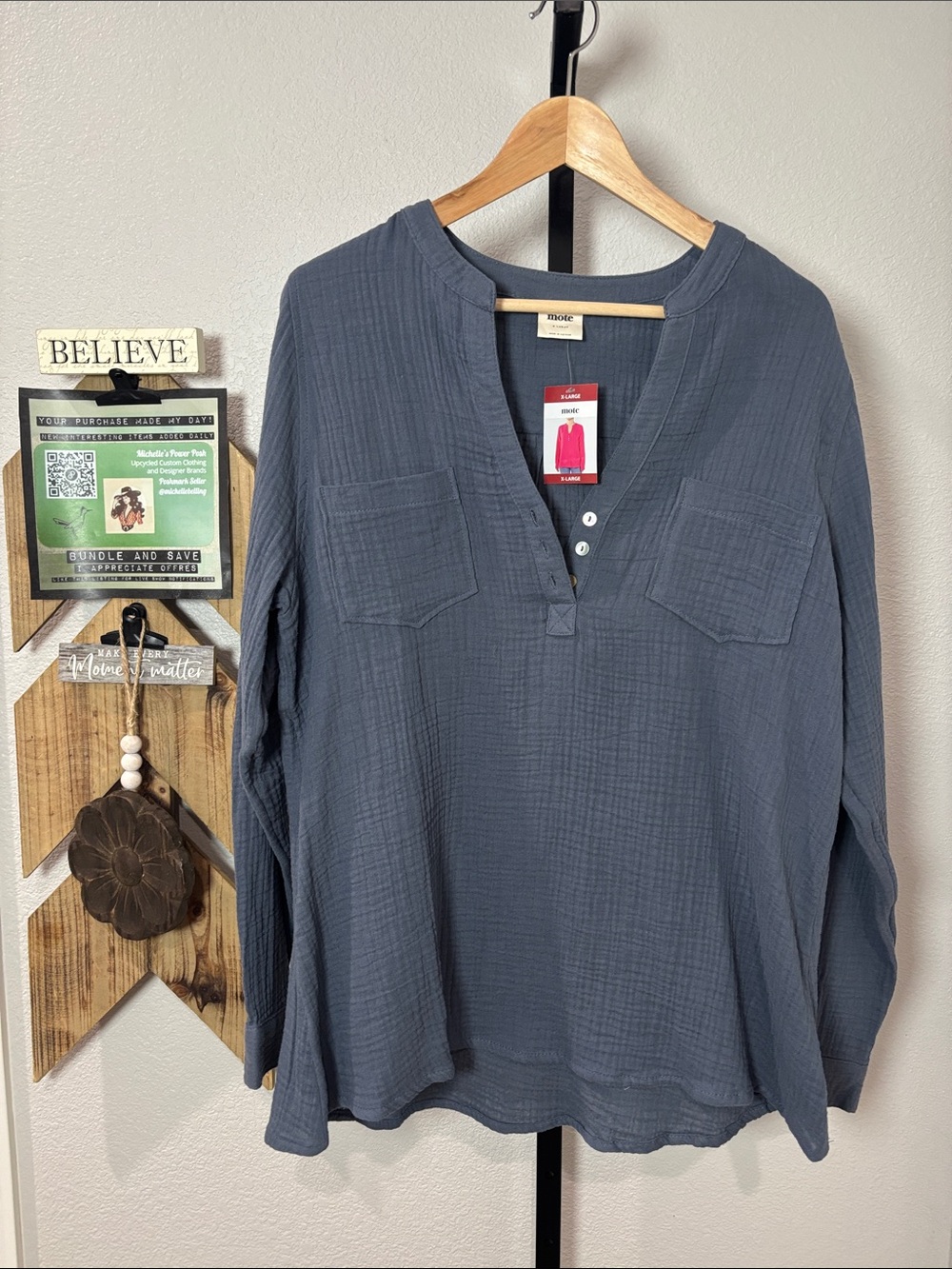Mote Slate Blue Cotton Gauze Henley Tunic - Relaxed Long Sleeve. measures 22”ptp